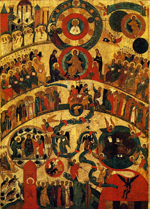 Note that there appear to be three heavens shown, with God presiding over the highest and Jesus over the second. And hell apparently is depicted beneath the three.
